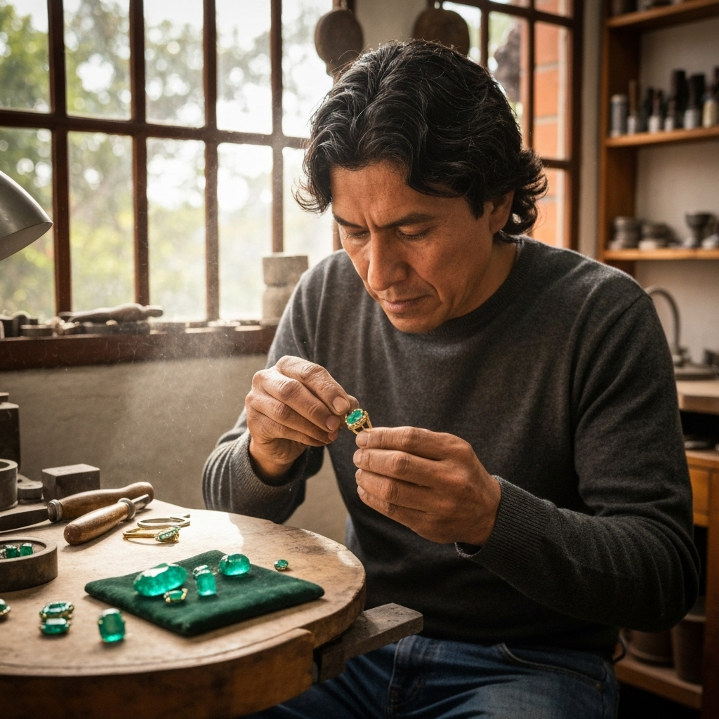 Artesano colombiano trabajando con esmeraldas